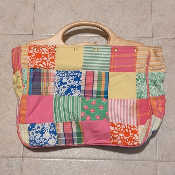Lilly Pulitzer Patchwork Bag Wooden Handle Rare Multcolor Cotton - Picture 4 of 7